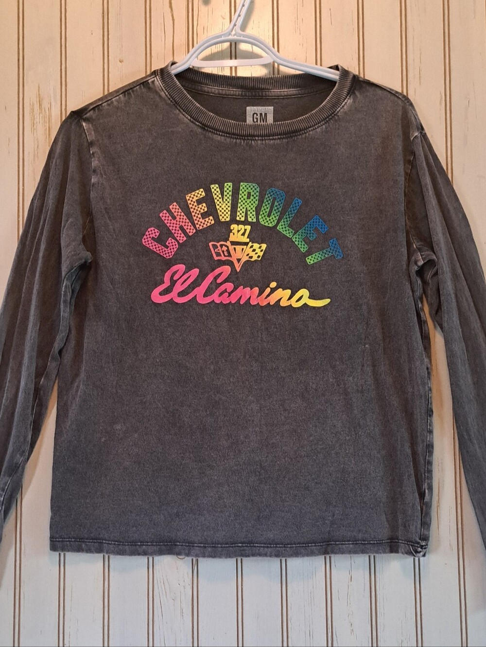 GM El Camino 327 Long Sleeve Gray Sun Washed Faded Rainbow Letters T Shirt S